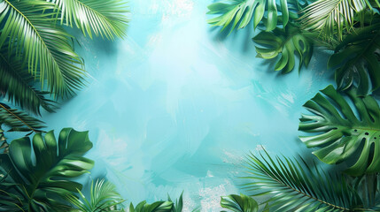 Rigogliose foglie tropicali di colore verde intenso creano un bordo su uno sfondo azzurro  con spazio per il testo, estate, vacanza,  Sfondo tropicale in stile acquerello - obrazy, fototapety, plakaty