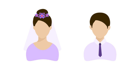 Flat style bride and groom badges isolated on a white background. For postcard design, wedding invitations, websites, social media. Vector design