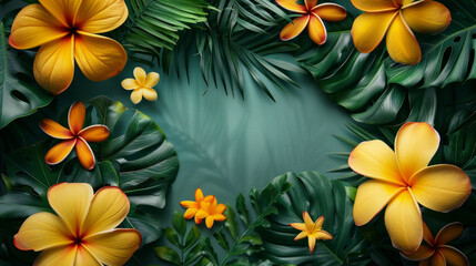 Rigogliose foglie tropicali di colore verde intenso e fiori gialli ibiscus creano un bordo su uno sfondo in stile acquerello,  con spazio per il testo., estate, vacanze , sfondo estivo  - obrazy, fototapety, plakaty
