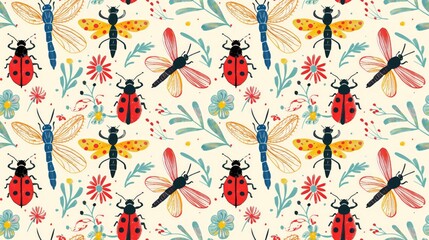 Dragonfly and ladybug friends, garden party, bright colors