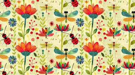 Dragonfly and ladybug friends, garden party, bright colors