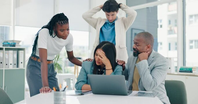 Diverse, group and people watching laptop, for review or report with disappointment in office. Professional team, meeting and computer with bad news or feedback on poor work performance in boardroom