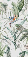 Illustration of various tropical plants and a bird of paradise flower with soft green tones and detailed botanical elements.