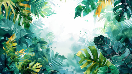 Rigogliose foglie tropicali di colore verde intenso creano un bordo su uno sfondo in stile acquerello,  con spazio per il testo., estate, vacanze , sfondo estivo  - obrazy, fototapety, plakaty
