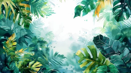Foto op Canvas Rigogliose foglie tropicali di colore verde intenso creano un bordo su uno sfondo in stile acquerello,  con spazio per il testo., estate, vacanze , sfondo estivo  © garpinina