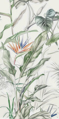 Illustration of a tropical plant with lush green leaves and a vibrant, colorful flower resembling a bird of paradise.