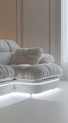 a white sofa with white led lights in a white room