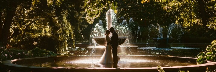 Bride and groom kiss by fountain in dark landscape. Generative AI
