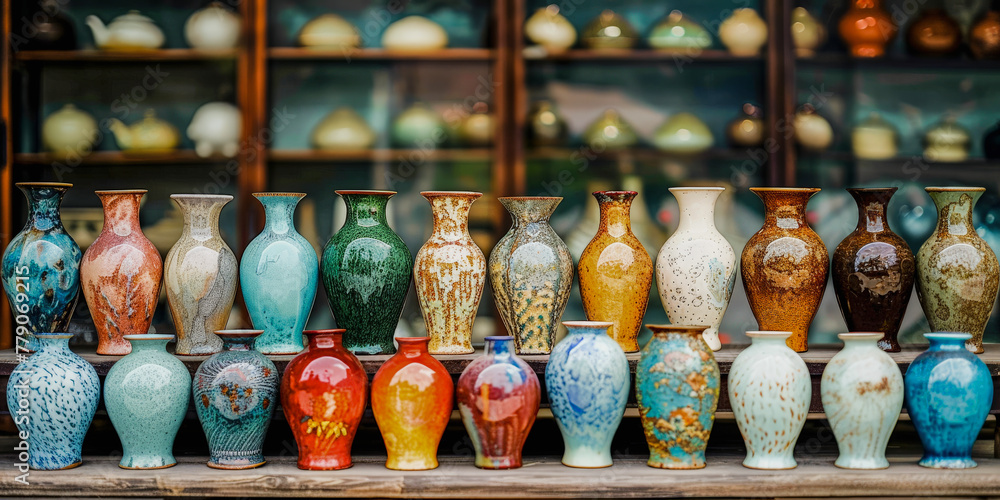 Poster collection of colorful ceramic vases arranged in rows on a shelf. various patterns and textures. vin