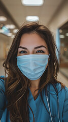 Fototapeta na wymiar A woman wearing a blue scrubs and a blue mask. She is smiling and looking at the camera
