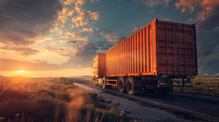 A large orange semi truck is driving down a road with a beautiful sunset in the background. Scene is peaceful and serene, as the truck moves along the road in the golden light of the setting sun