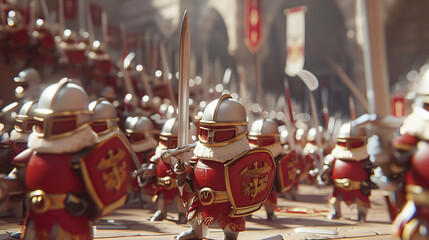 An epic 3D cartoon of a tiny Arthurian army, pulling swords from pencil stands to claim the right to rule the desk kingdom - obrazy, fototapety, plakaty