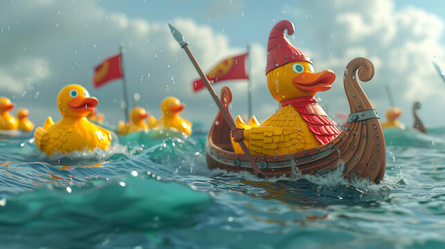 An epic 3D cartoon of a tiny Viking fleet navigating the rough waters of a bathtub, facing rubber duck monsters