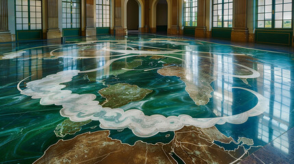 A sprawling marble floor installation in a public museum. 32k, full ultra HD, high resolution