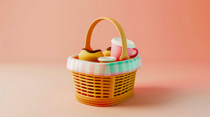 Fototapeta na wymiar A colorful toy picnic basket with play food and cups against a soft pink background, suggesting imaginative playtime for children.