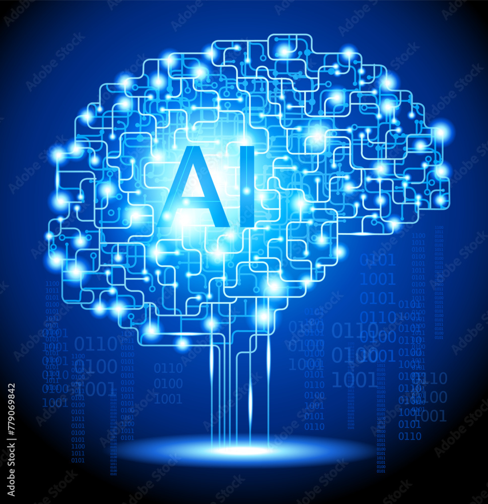 Poster futuristic design of an artificial intelligence brain with circuit board. digital and technology bac