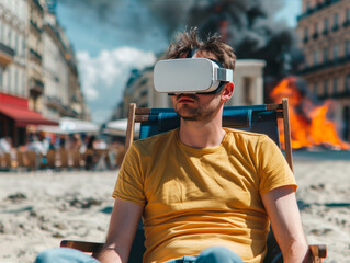 Giovane millennial immerso nella realtà virtuale , indossa un casco vr  in uno scenario di devastazione urbana, immerso nella realtà virtuale non vede la guerra in corso 