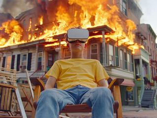 Giovane millennial immerso nella realtà virtuale , indossa un casco vr  in uno scenario di devastazione urbana, immerso nella realtà virtuale non vede la guerra in corso  - obrazy, fototapety, plakaty