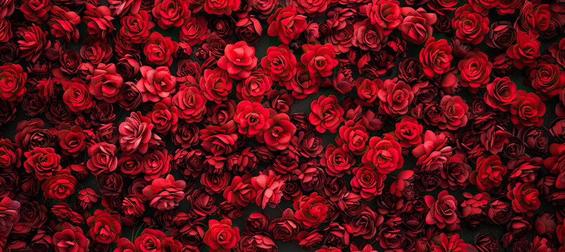 Natural fresh red roses flowers pattern wallpaper. top view, Red rose flower wall background.