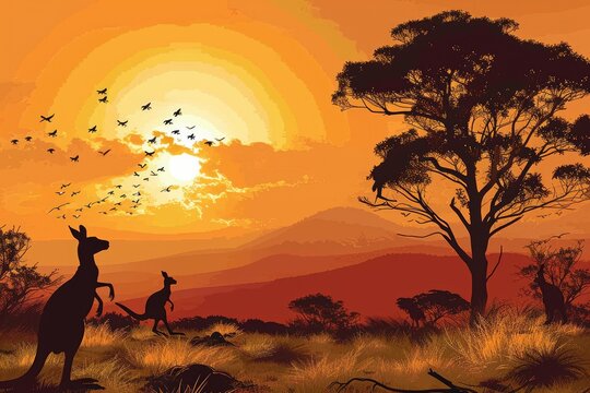 Kangaroos hopping and a sunset in the background, AI generated