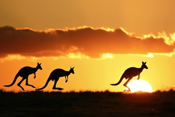 Kangaroos hopping and a sunset in the background, AI generated