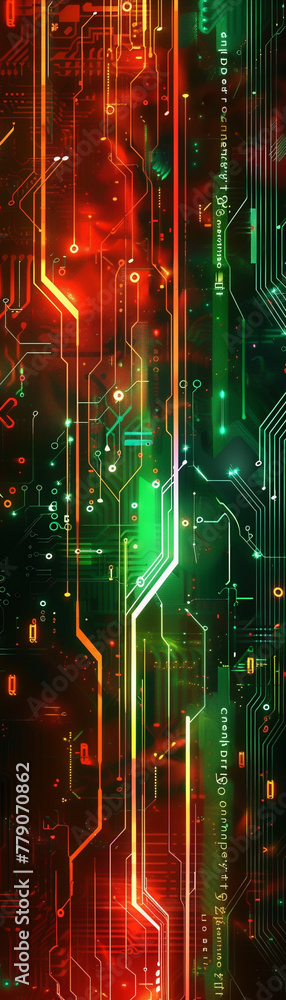 Poster abstract expression of digital connectivity, featuring circuitlike patterns and vibrant neon lights 