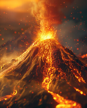 Volcano, Magma, Fiery power, An erupting volcano spewing molten lava into the night sky, showcasing the raw force of nature, 3D render, Golden hour, Lens flare