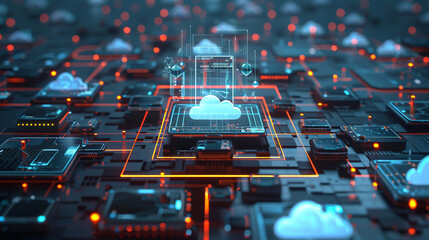 A futuristic 3D visualization of a mobile cloud computing environment, with smartphones and tablets tethered to a central cloud