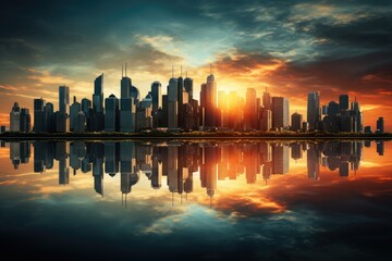 Fototapeta na wymiar Skyline reflected in water, Big city skyline reflected in water during sunset, AI generated