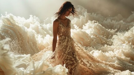 An ethereal scene with a model in a flowing, translucent dress adorned with delicate floral embroidery, moving gracefully on a runway set in a dreamy, softly lit environment. 