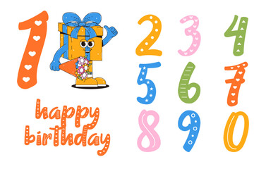 Happy birthday banner in retro groovy style. Vintage walking character and numbers. Funky mascot psychedelic smile. Vector illustration