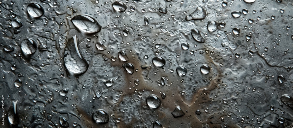 Poster close-up view of rain droplets accumulating on the window