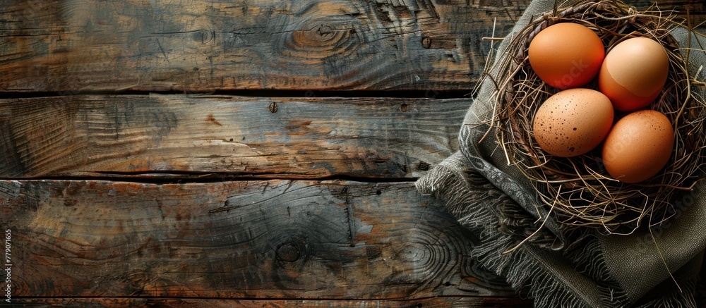 Poster several brown eggs are nestled in a nest on a rustic wooden table, creating a cozy and natural displ
