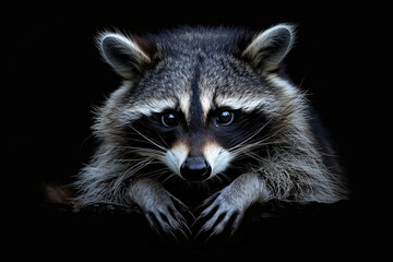 A raccoon is walking on a black background - obrazy, fototapety, plakaty