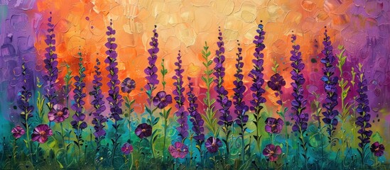 A painting featuring a lush field covered in vibrant purple flowers, creating a beautiful and colorful landscape.