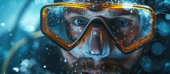 A diver wearing a mask and goggles for underwater research. - obrazy, fototapety, plakaty