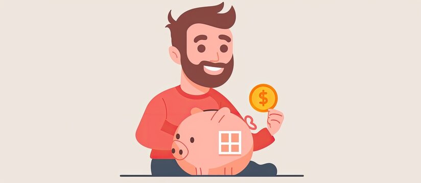 A man with a beard is gesturing happily while holding a piggy bank and a coin, with a big smile on his face. This scene could be straight out of a fun animated cartoon