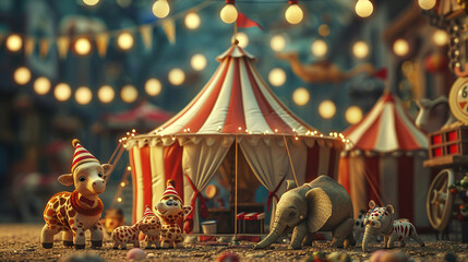 A playful 3D render of a tiny circus troupe defending their tent from invading toy animals