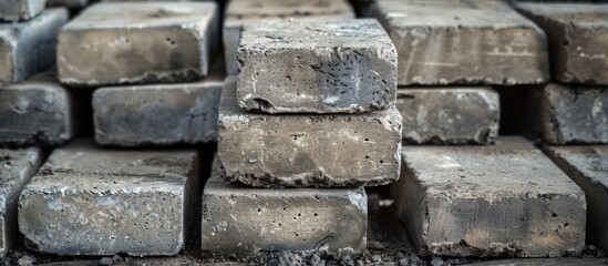 A close-up view of a stack of cement blocks sitting on top of a pile of dirt.