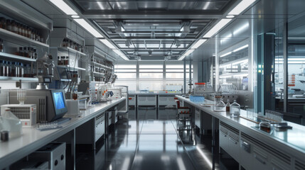 A state-of-the-art biotech research laboratory with gene editing tools and cell culture systems, momentarily unoccupied but ready to advance the field of gene therapy