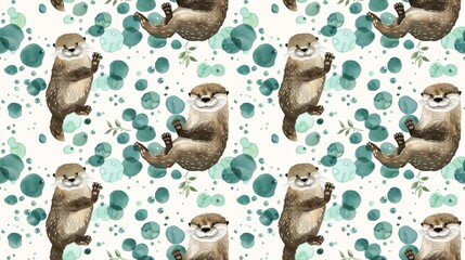 Otters holding hands, love theme, aquatic blues and greens - obrazy, fototapety, plakaty