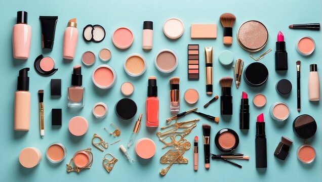Various makeup products are arranged on a pink background.

