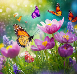 Spring flowers and butterflies - 779072646