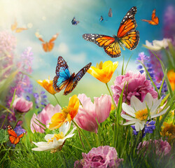 Spring flowers and butterflies - 779072647