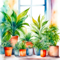 A charming watercolor-style illustration stand featuring potted houseplants of various sizes placed near windows, doors, on the floor, and on shelves ai generated