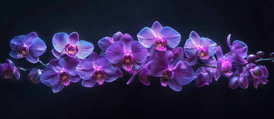 Beautiful cluster of purple orchids blooms vibrantly against a striking black background.