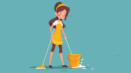 Young beautiful cleaning maid woman with bucket and - obrazy, fototapety, plakaty