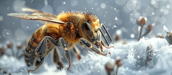 Close up view of a bee perched on a snowy surface, showcasing intricate details of the insect and the snow crystals. - obrazy, fototapety, plakaty