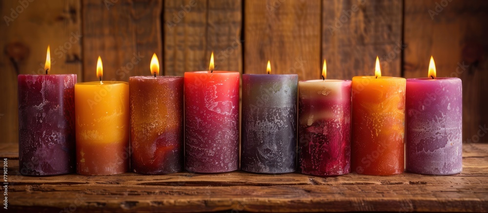 Poster various colorful candles, in different shapes and sizes, lined up neatly on a wooden table creating 