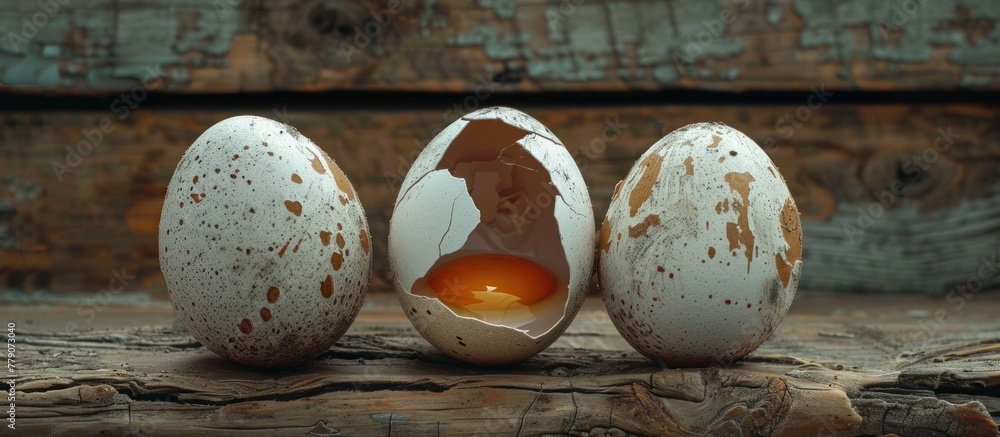 Poster a group of eggs is arranged in a neat row on a rustic wooden surface, with a cracked egg in the cent